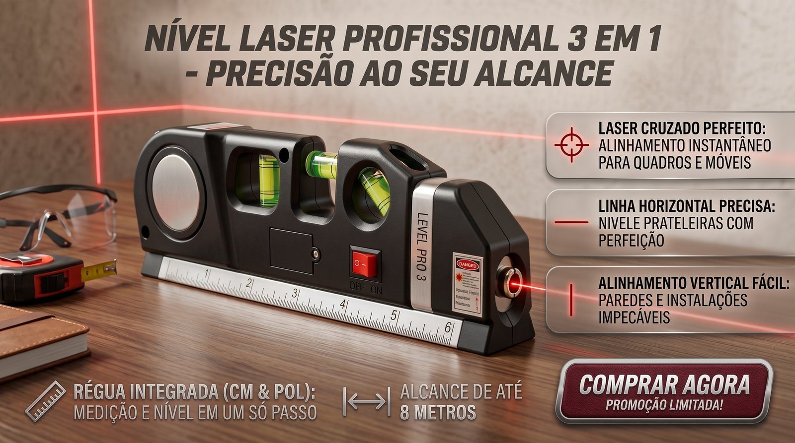 Nível laser profissional 3 em 1 sobre mesa de madeira, com régua, níveis de bolha e feixe vermelho. O anúncio destaca laser cruzado, linha horizontal, alinhamento vertical, régua em centímetros e polegadas e alcance de até 8 metros.