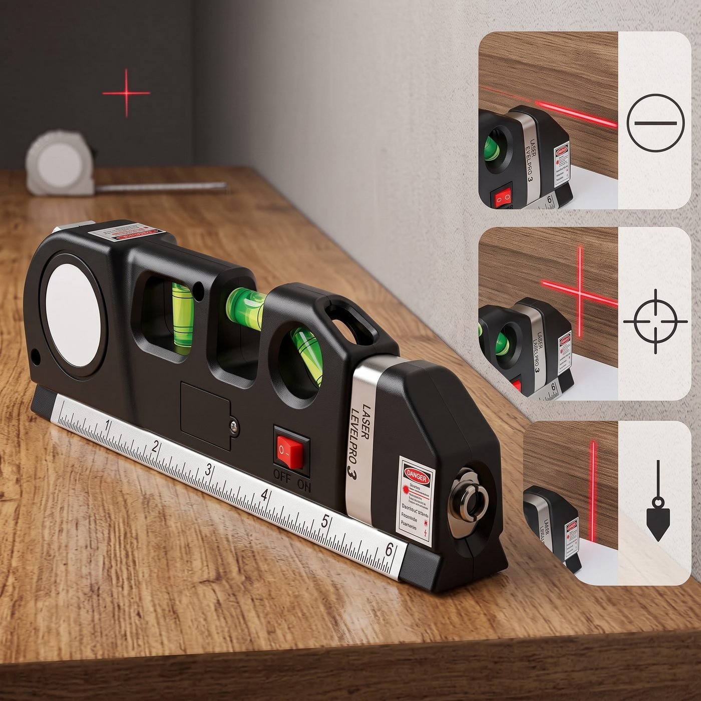Nível laser sobre bancada de madeira, com três usos: linha horizontal, mira em cruz e linha vertical.