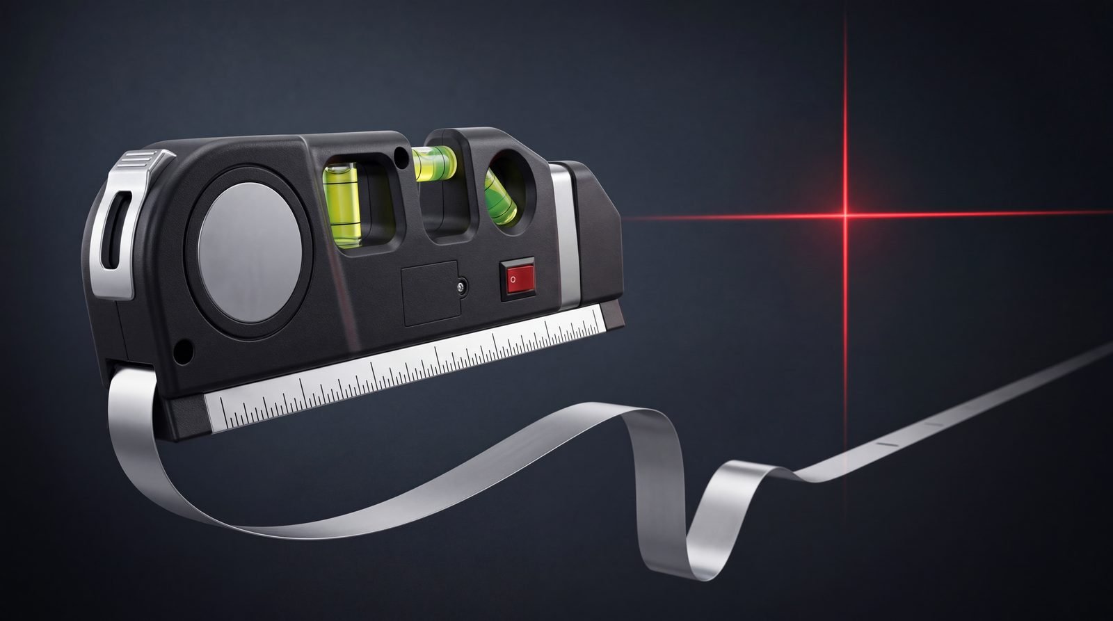 Nível laser preto com trena metálica estendida e mira vermelha em cruz ao fundo.